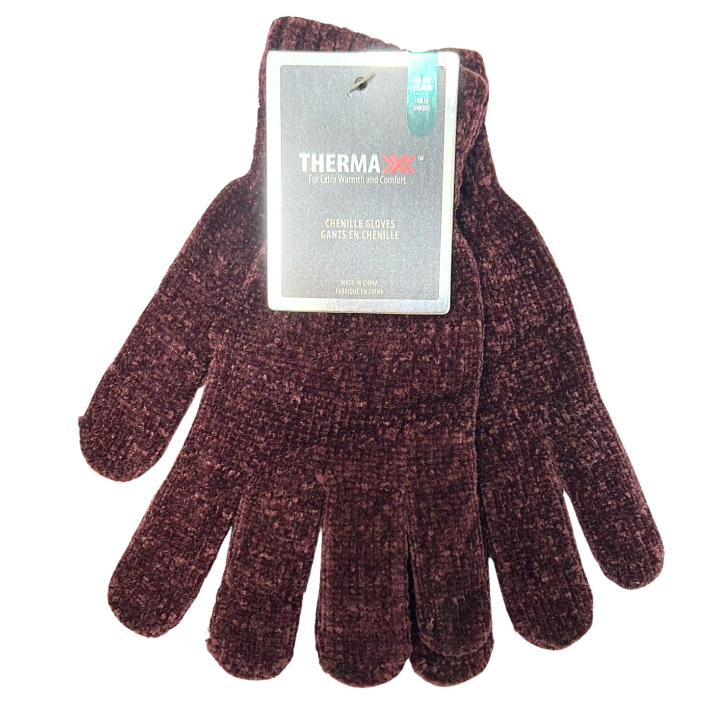 Pair of brown gloves with a Therma label on a white background