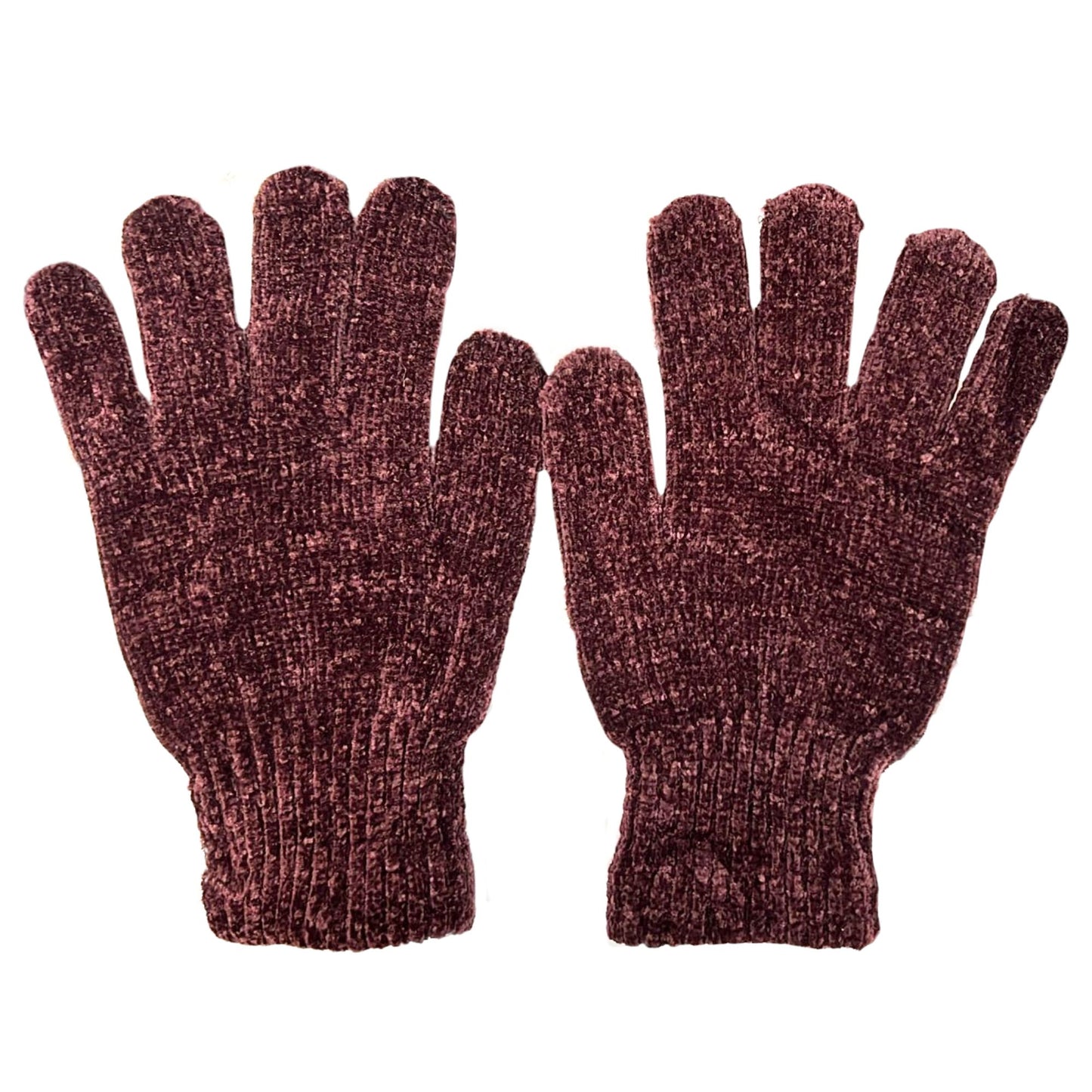 Pair of maroon knitted gloves on a white background