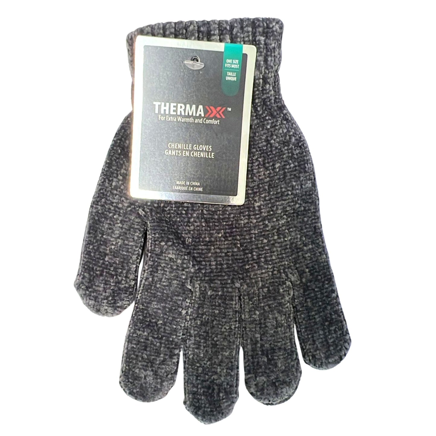Pair of gray chenille gloves with Therma-X label on a white background