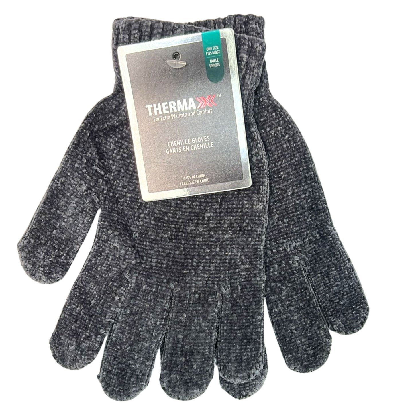 Pair of gray gloves with Therma-X packaging on a white background