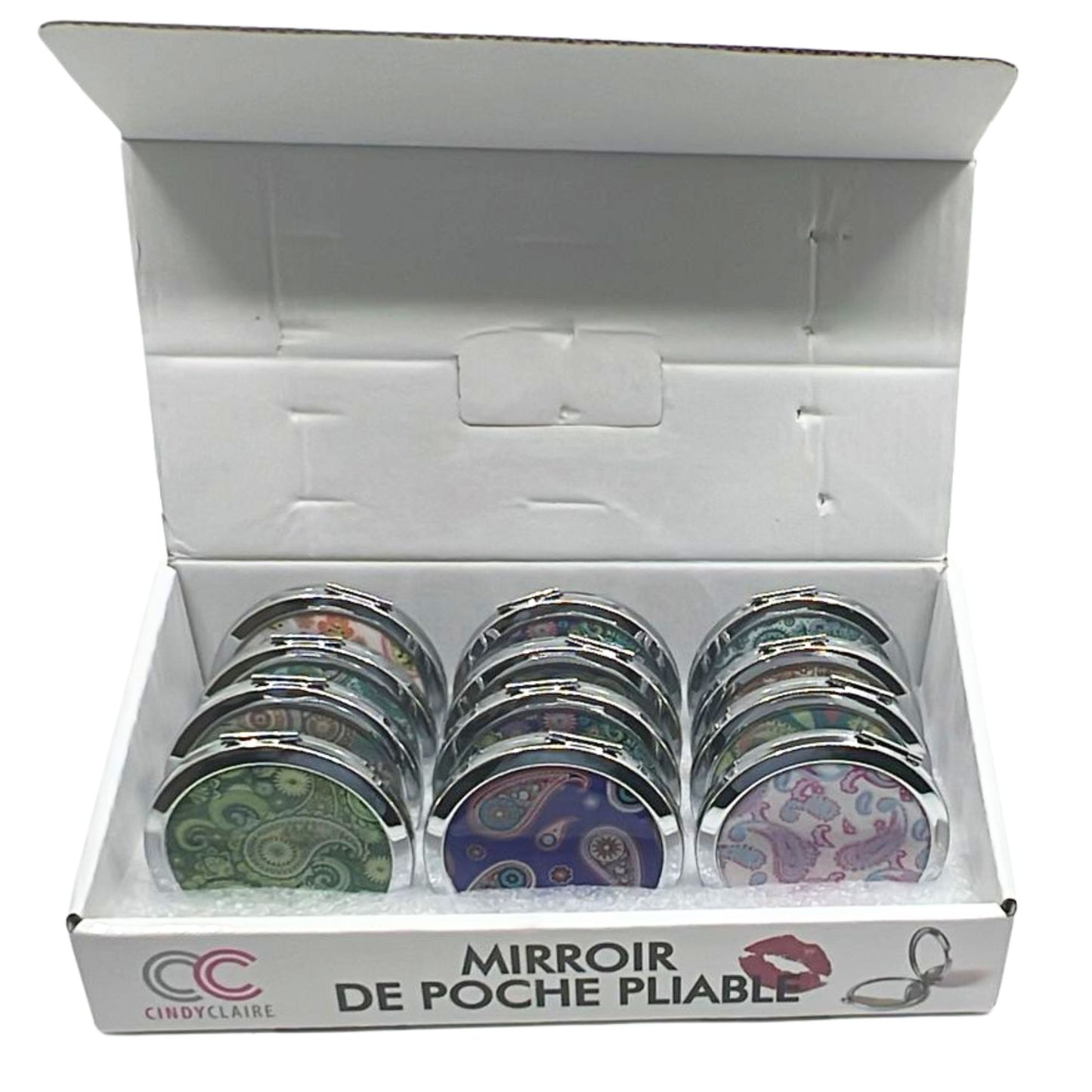 Set of compact mirrors in a box with 'CC' branding