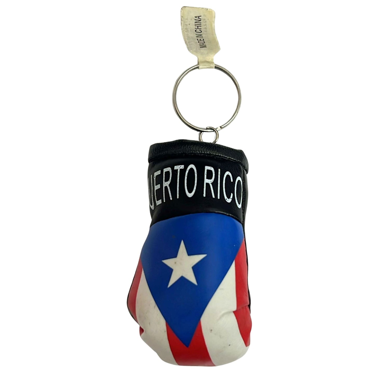 Keychain in the shape of a boxing glove with Puerto Rican flag design on a white background