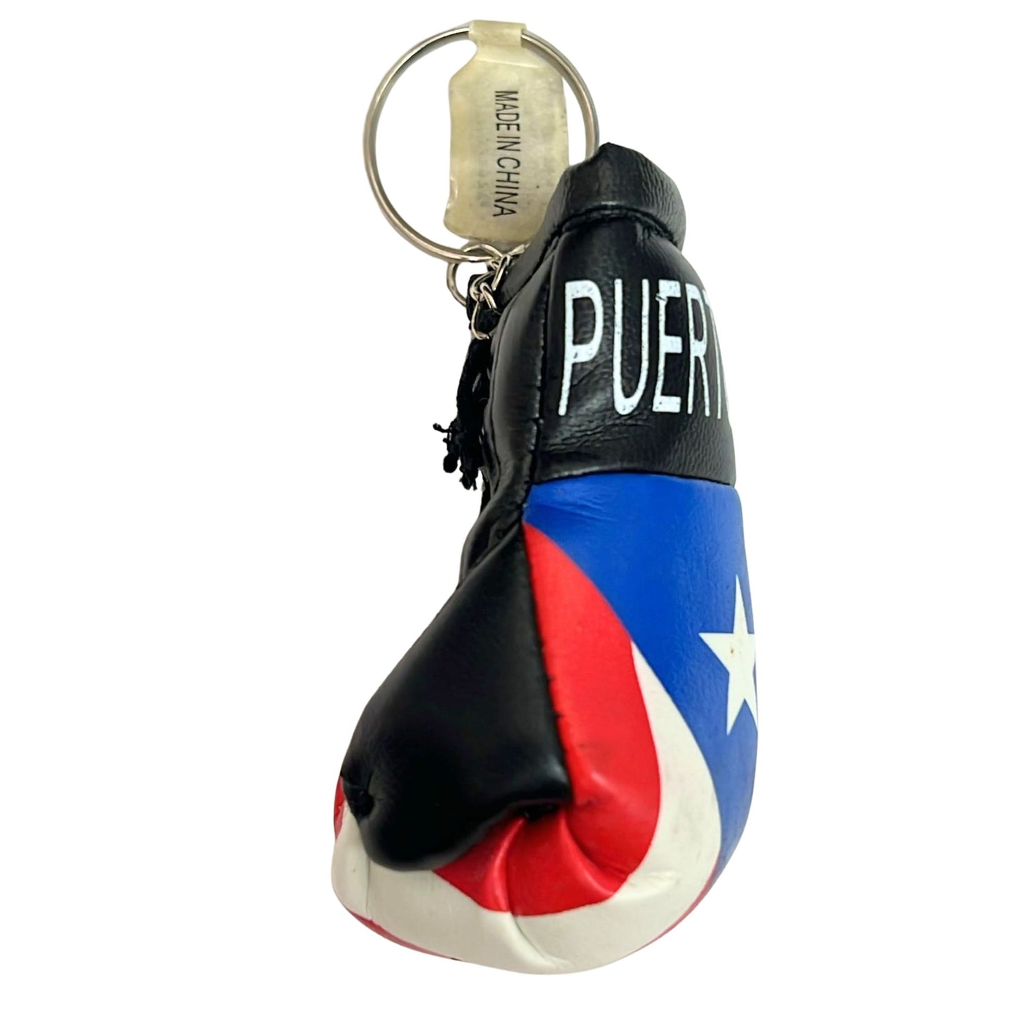 Keychain in the shape of a boxing glove with Puerto Rican flag design on a white background