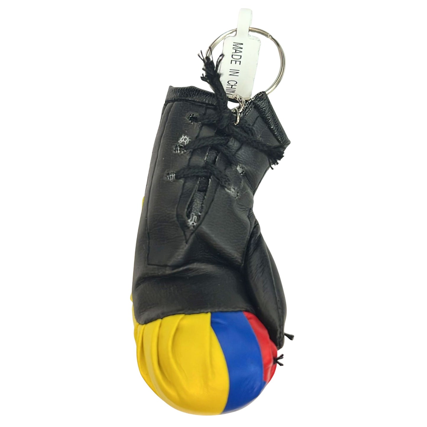 Black boxing glove keychain with colorful bottom section on a white background