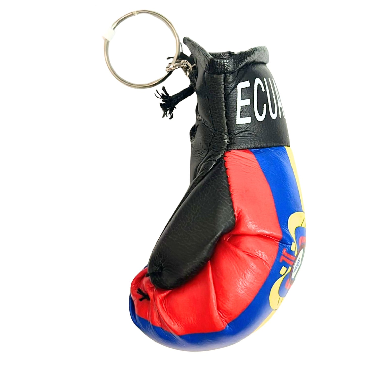 Keychain in the shape of a miniature boxing glove with Ecuadorian flag colors on a white background