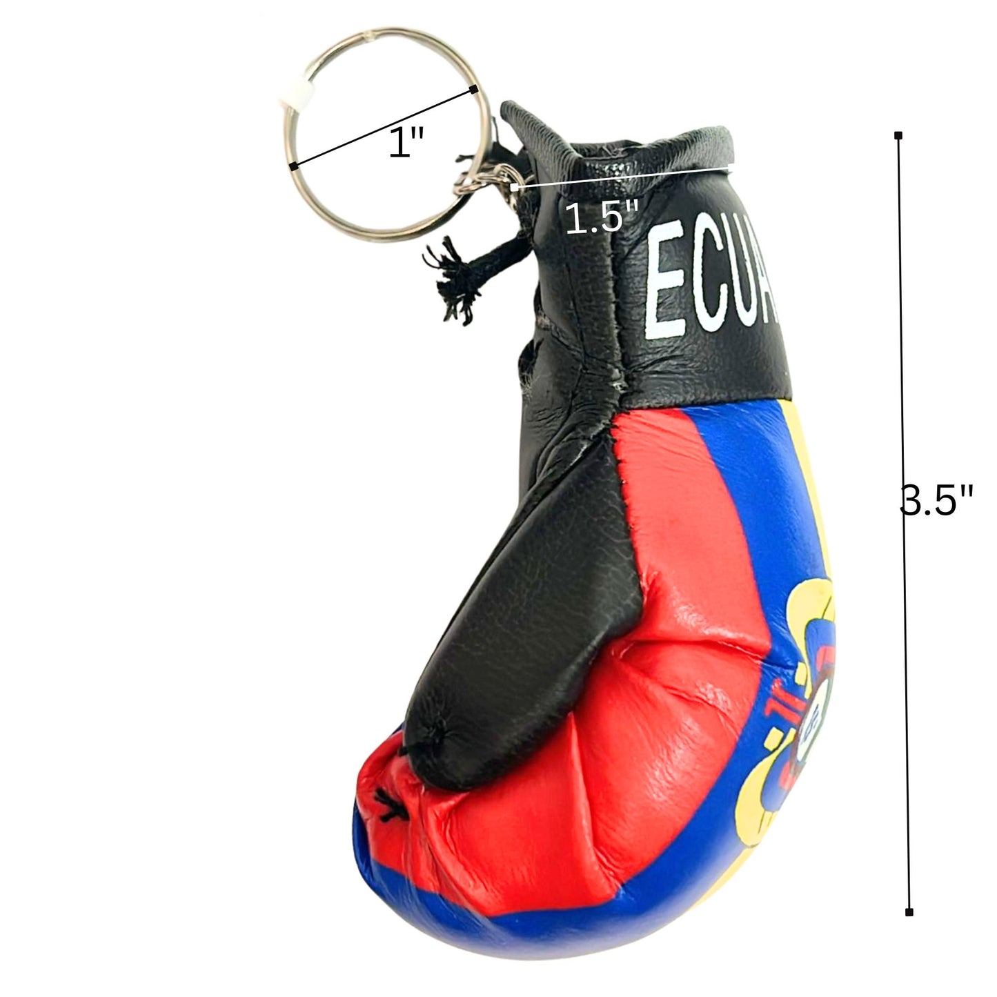 Miniature boxing glove keychain with Ecuadorian flag design, shown with measurements on a white background.