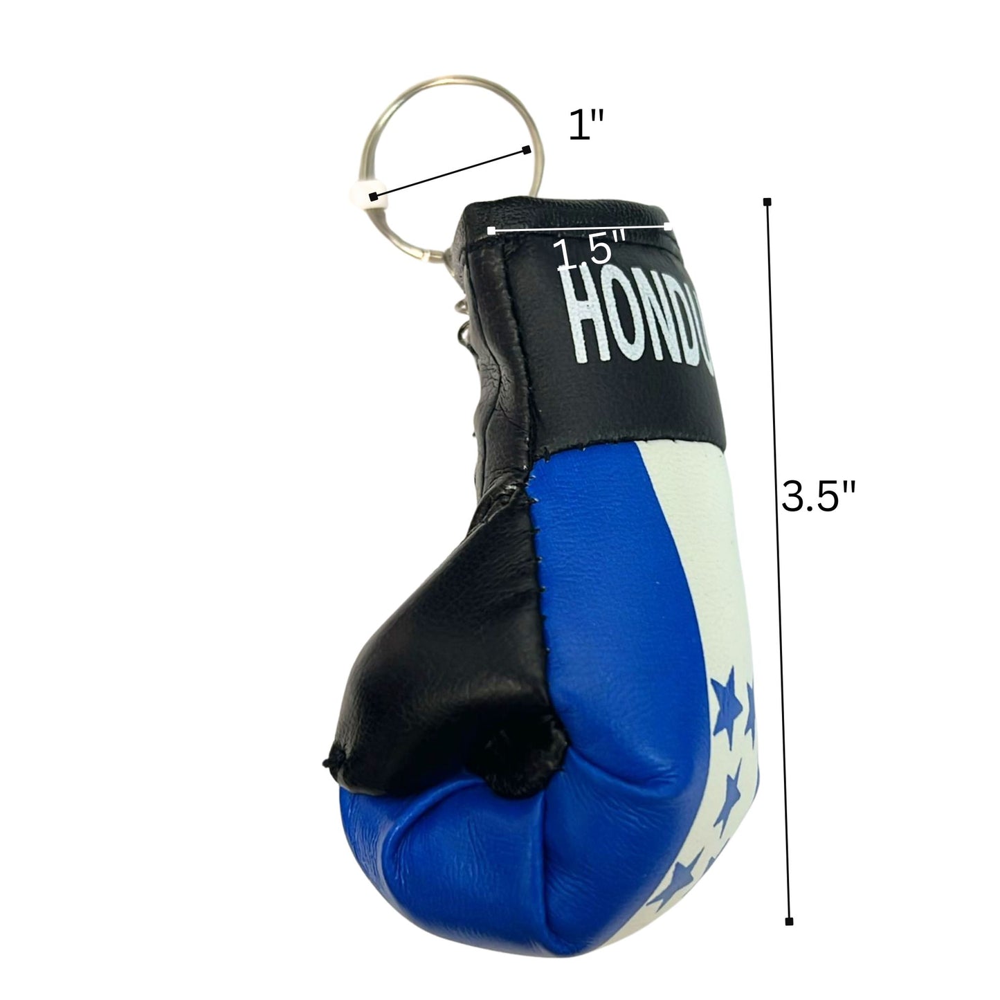 Miniature blue and black boxing glove keychain with measurements on a white background
