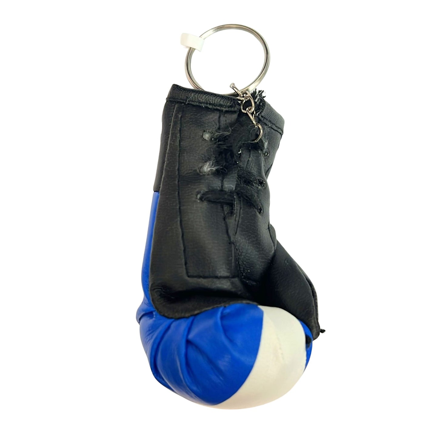Black and blue boxing glove keychain on a white background