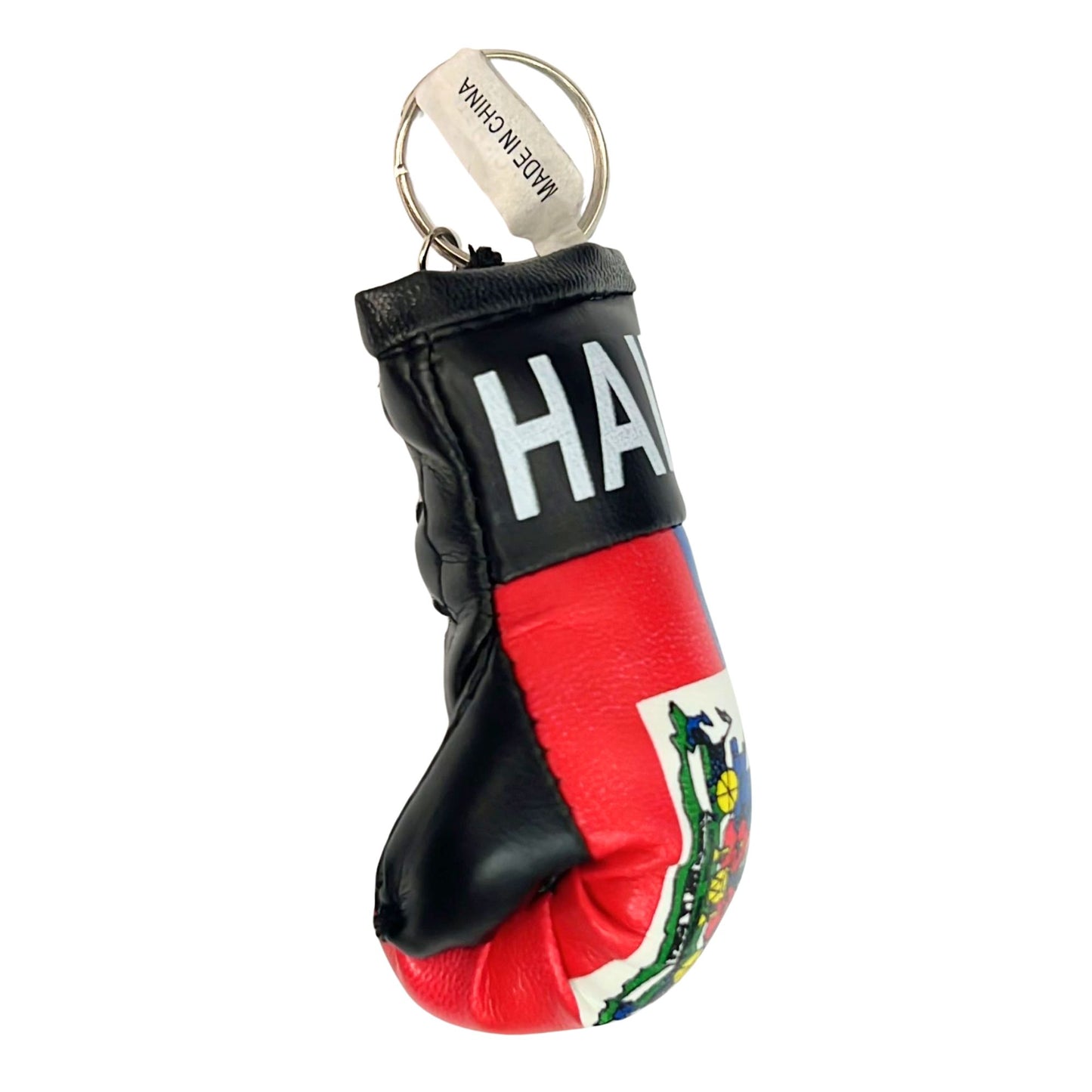 Mini boxing glove keychain with Haiti flag design on a white background