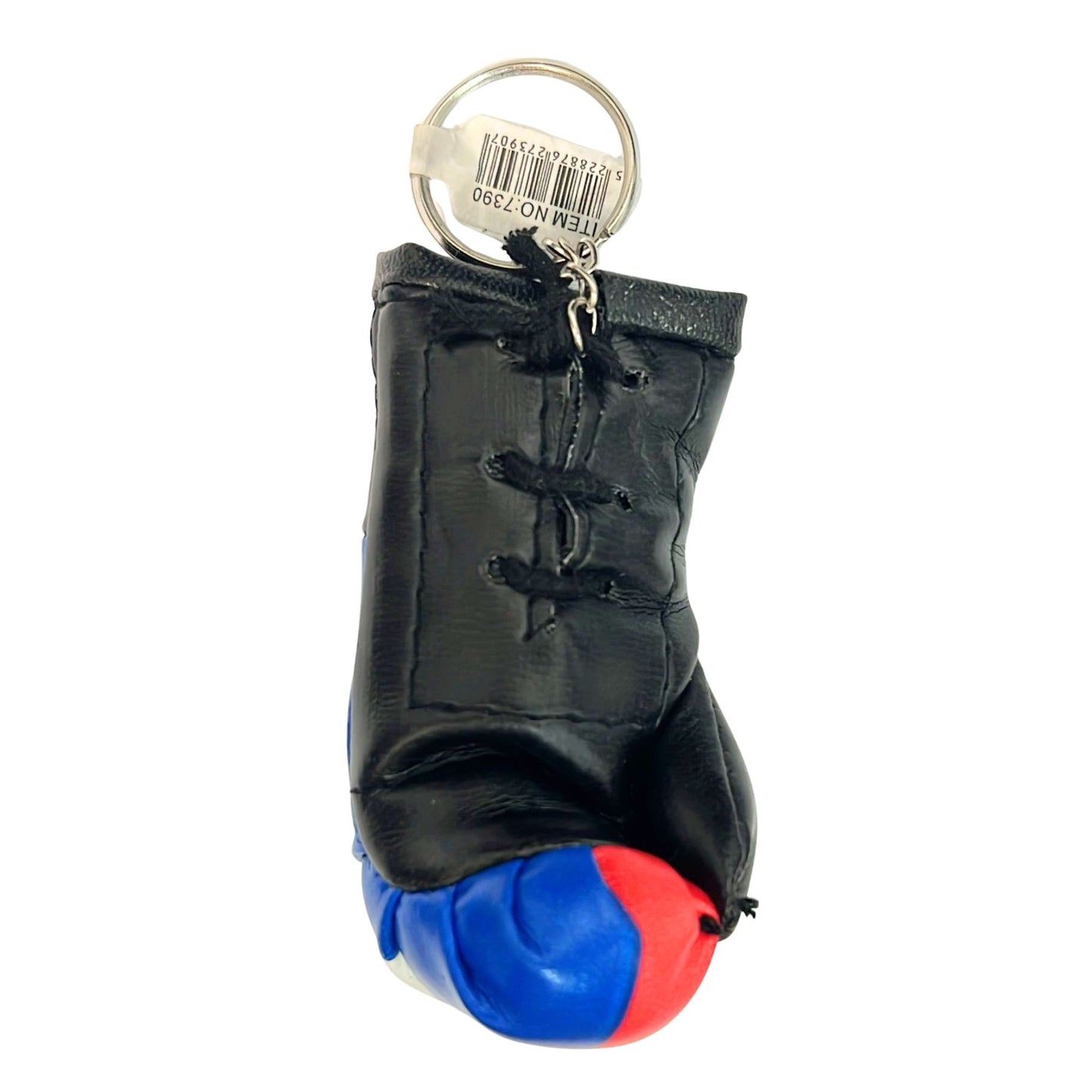 Black foot-shaped keychain with blue and red accents on a white background