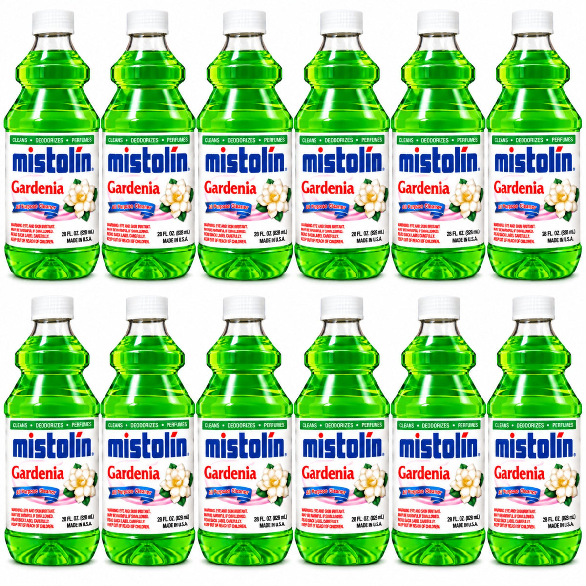 Twelve bottles of Mistolin Gardenia liquid plant fertilizer arranged in two rows of six on a plain white background.