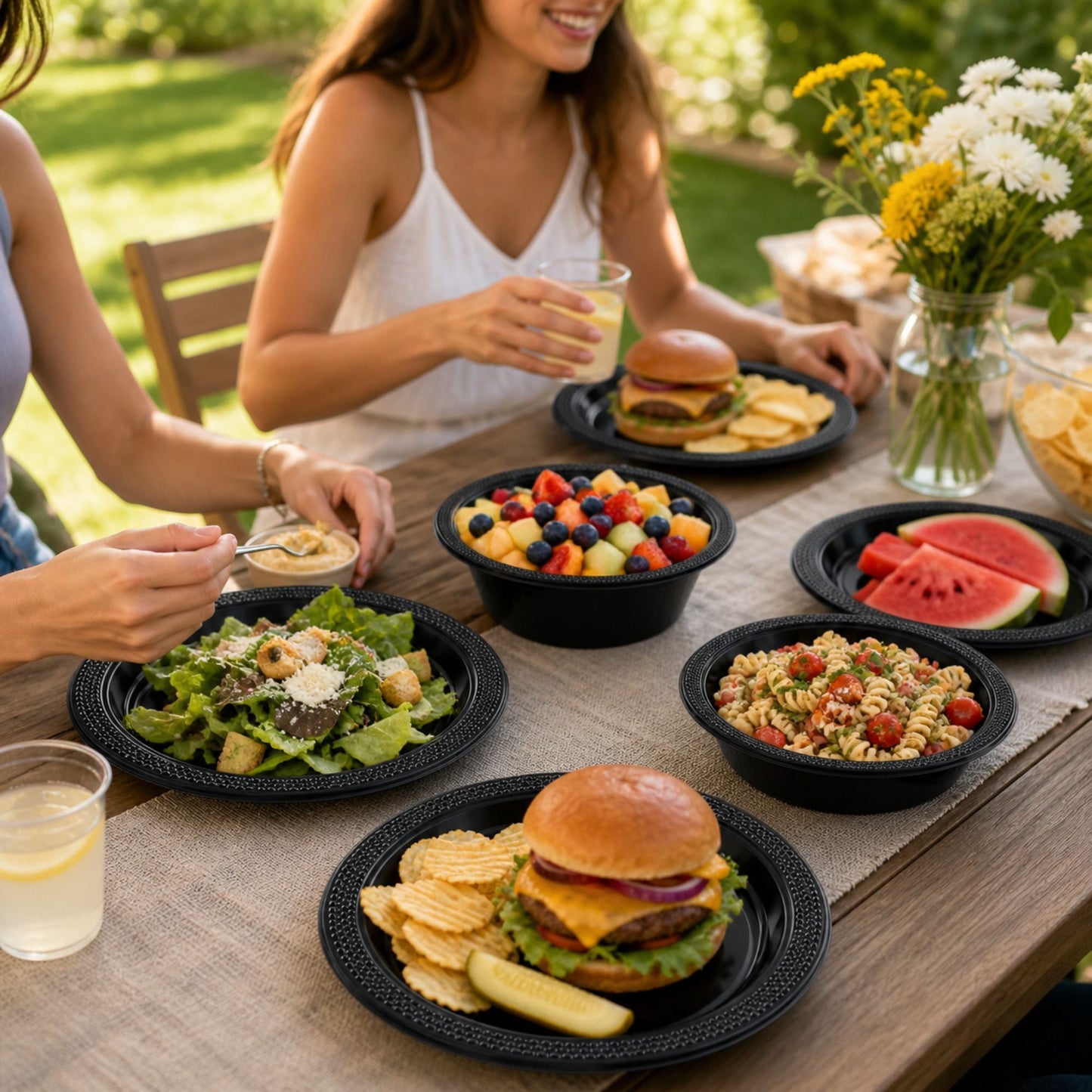 Two women enjoying a meal outdoors with burgers, salads, and fruit on a wooden table.