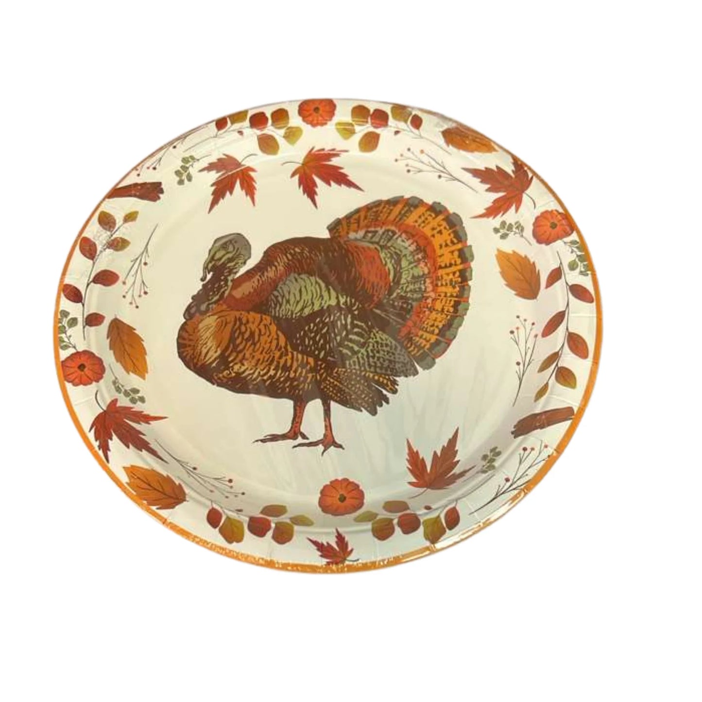 Decorative plate with a turkey and autumn leaves design on a white background