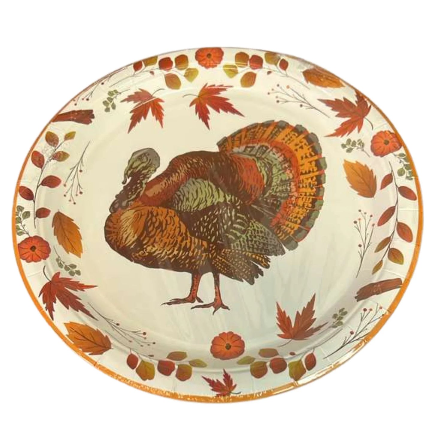 Decorative plate with a turkey and autumn leaves design on a white background