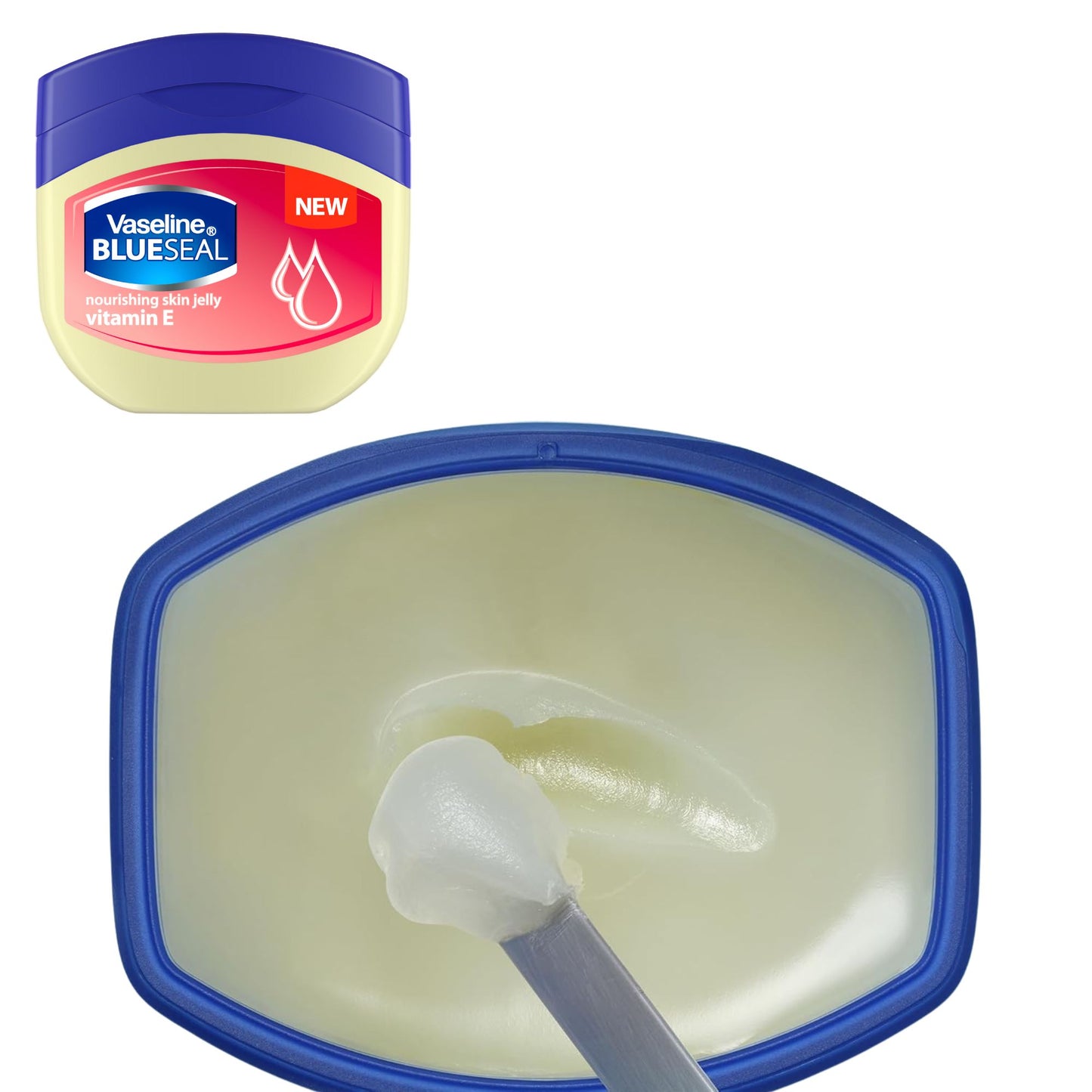 Vaseline Blue Seal jar and open container on a white background