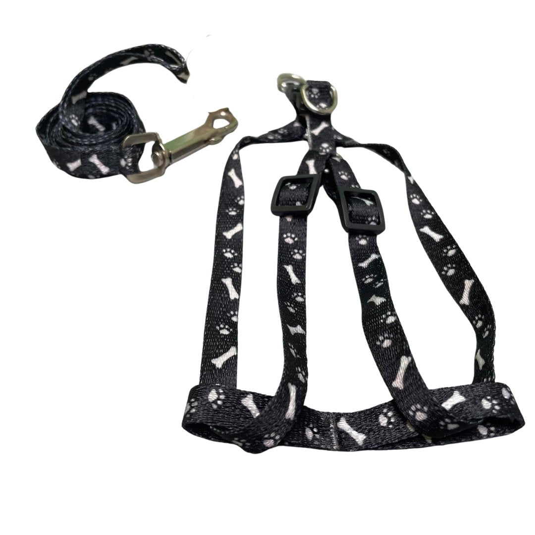 Bone Paw Printing Dog Harness with Leash for Puppies, Dogs & Cats