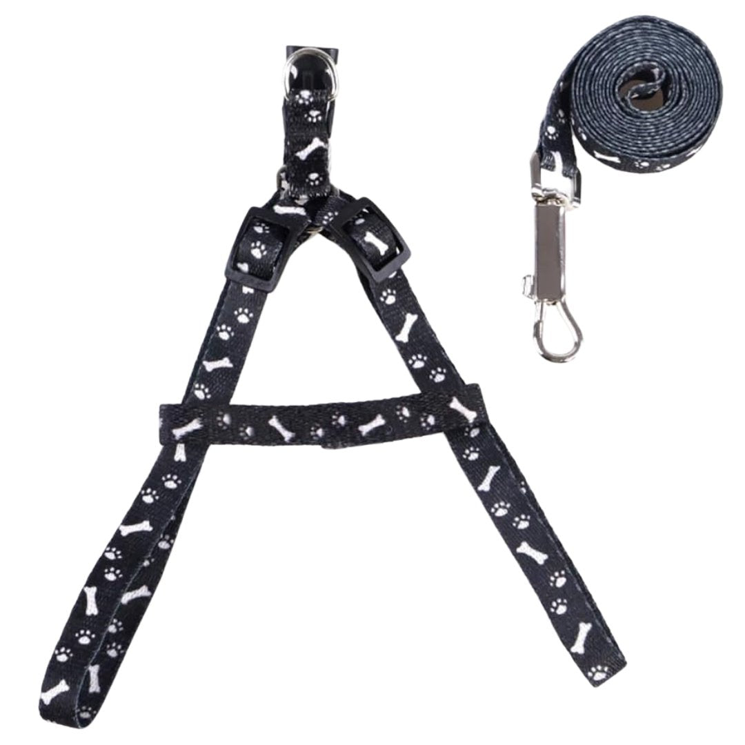 Bone Paw Printing Dog Harness with Leash for Puppies, Dogs & Cats