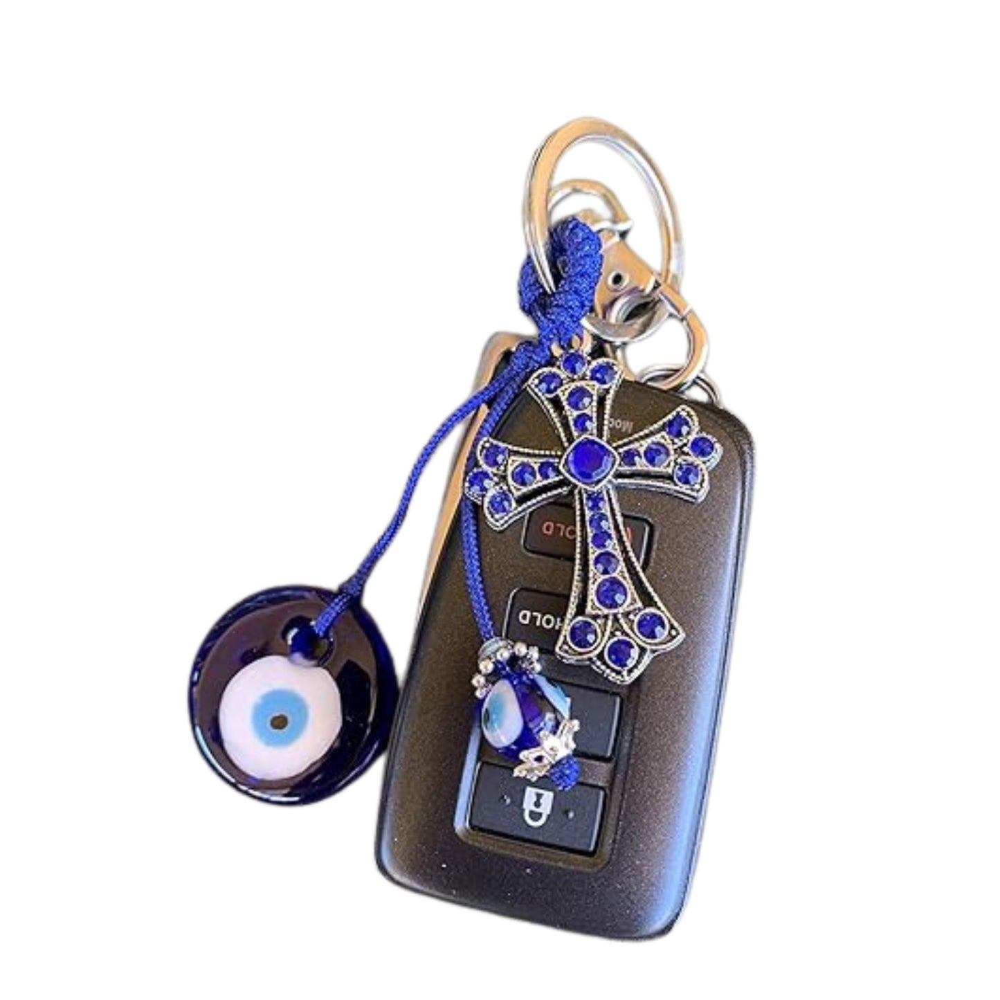 Lucky Charm Cross & Evil Eye Keychain – Rhinestone Accent