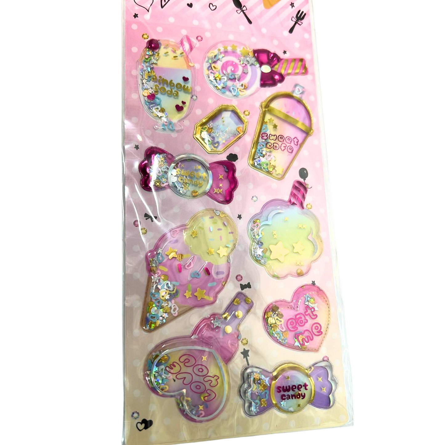 Puffy Glitter Sprinkle Shaker Kawaii Ice Cream Theme Sticker Sheet: 1 Pack DIY School Stickers size and feature image