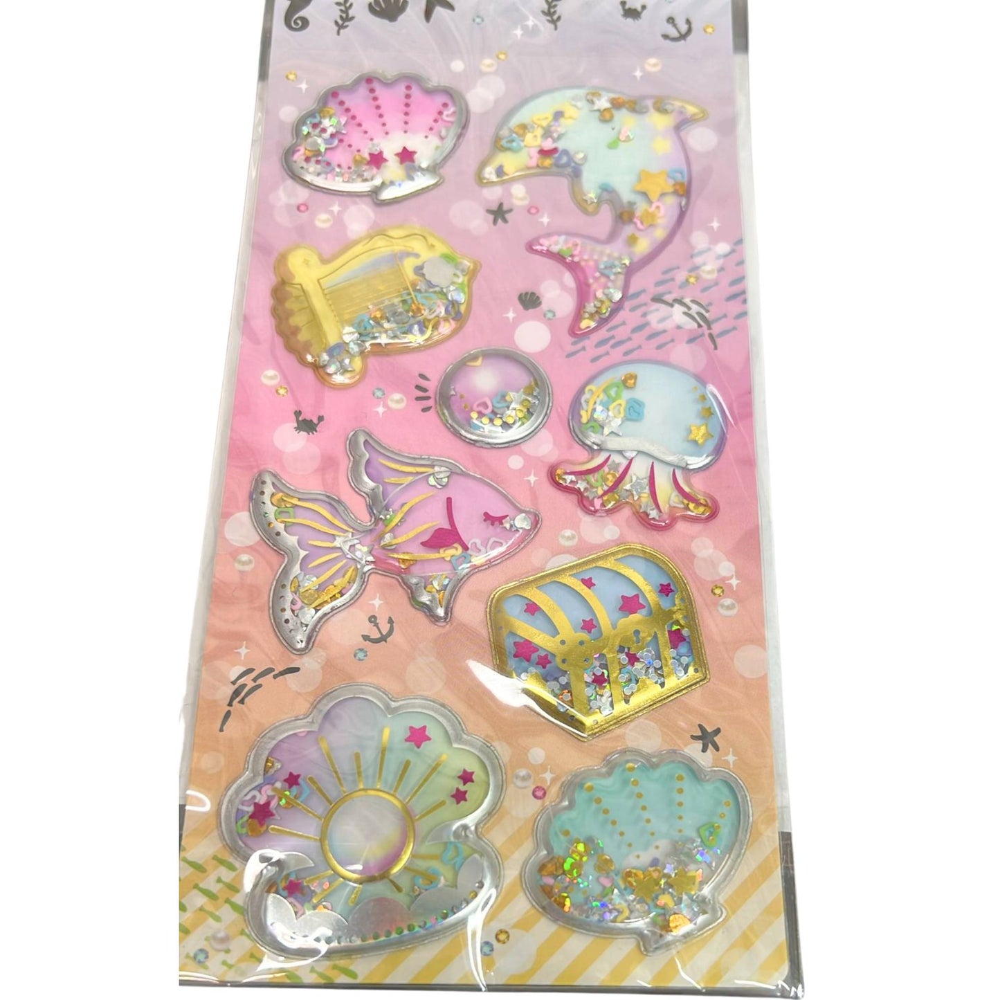 Puffy Glitter Sprinkle Shaker Kawaii Ocean Theme Sticker Sheet: 1 Pack DIY School Stickers size and feature image