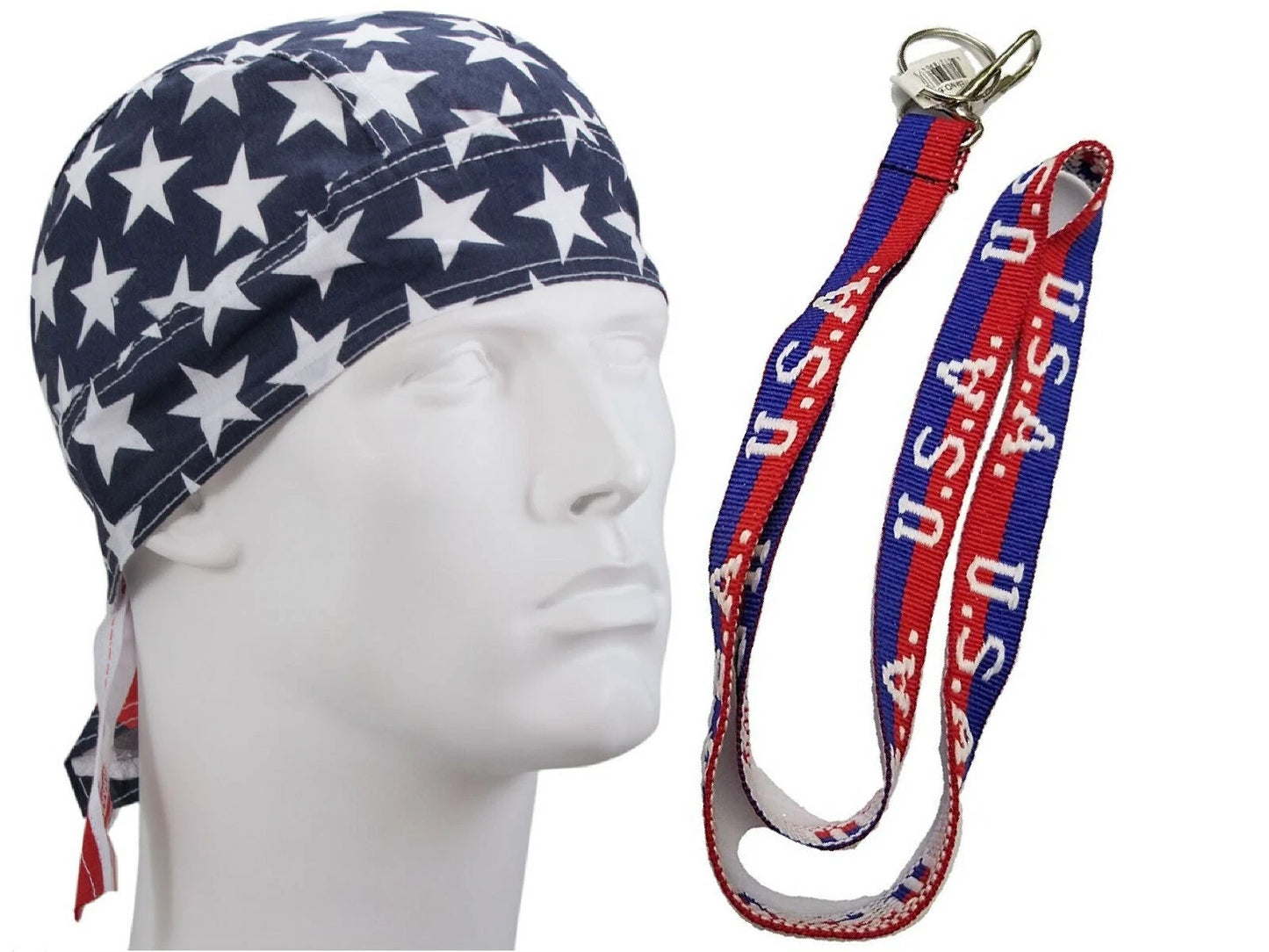 American flag head wrap and lanyard on a mannequin head and white background