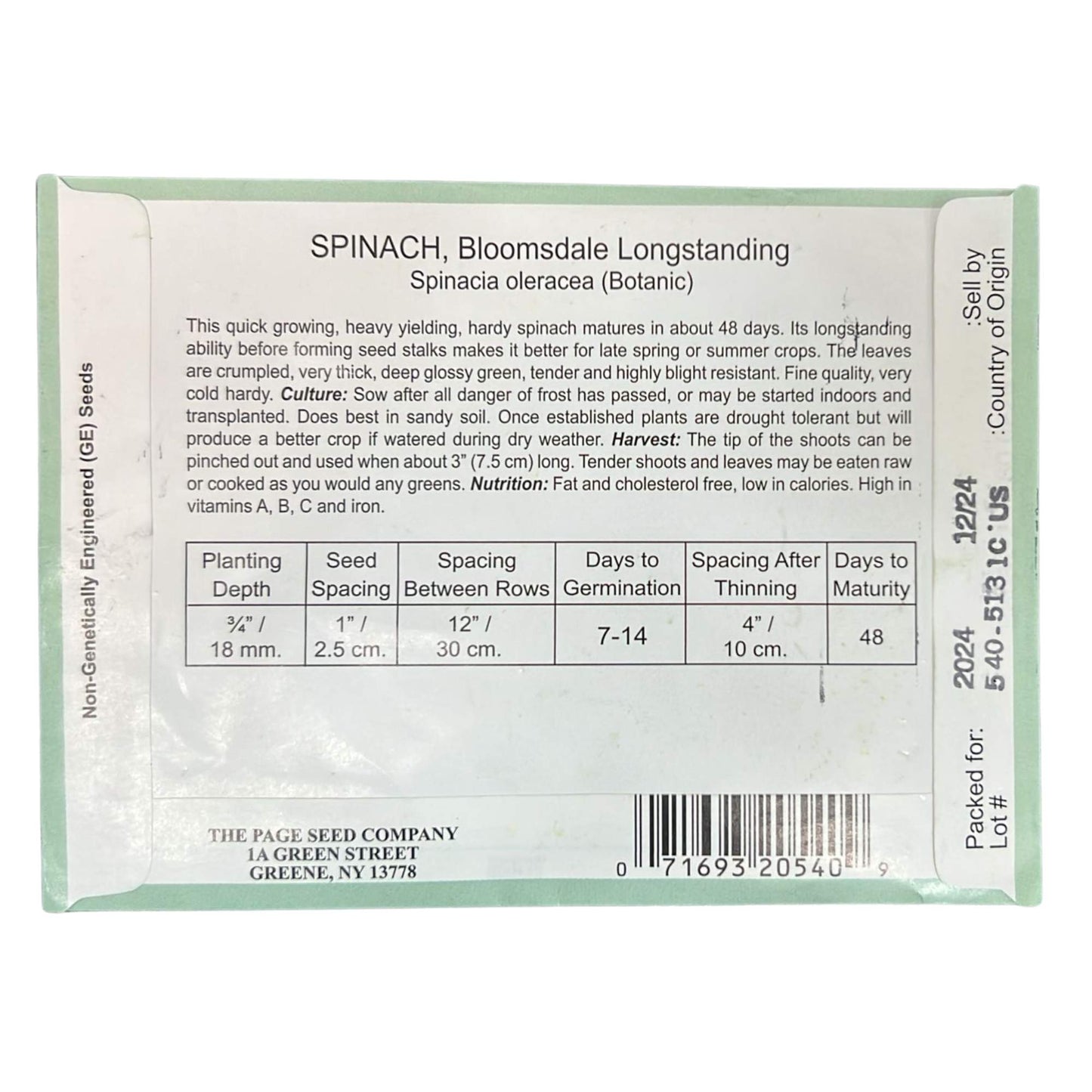 Valley Greene 1G Spinach Bloomsdale Longstanding