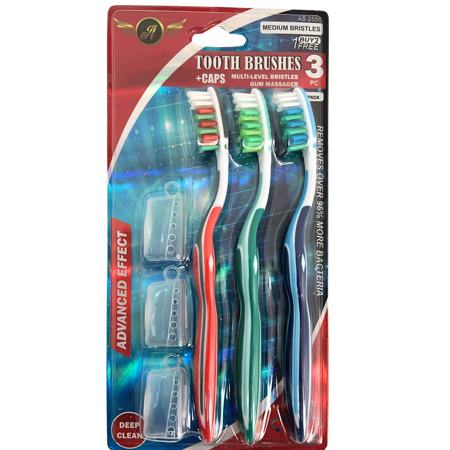 Toothbrushes Set of Multi-level Medium Bristles with Grippers and Cap