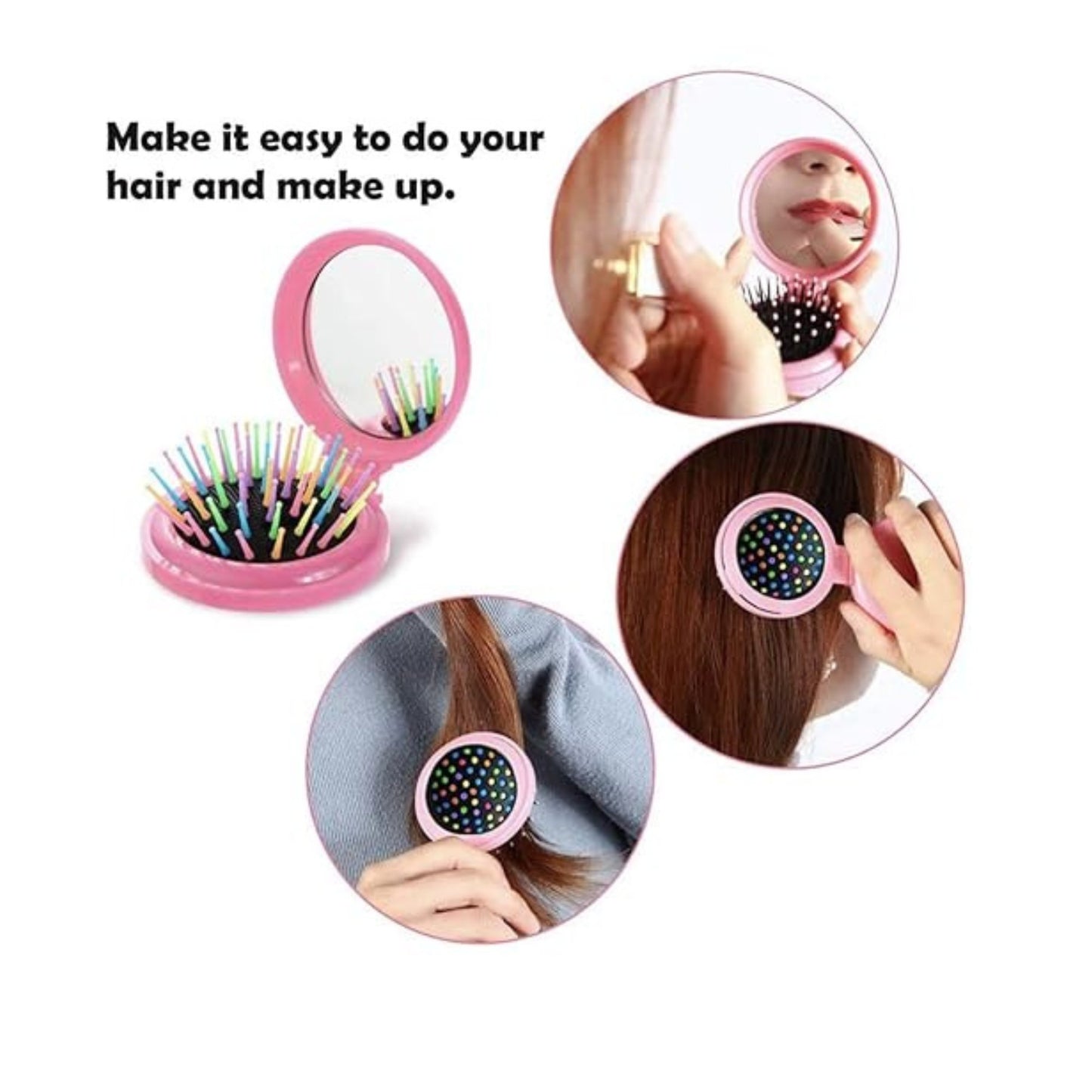 Small Folding Pocket Hair Brush with Mirror – Compact Detangling, Massage Comb for On the Go Grooming
