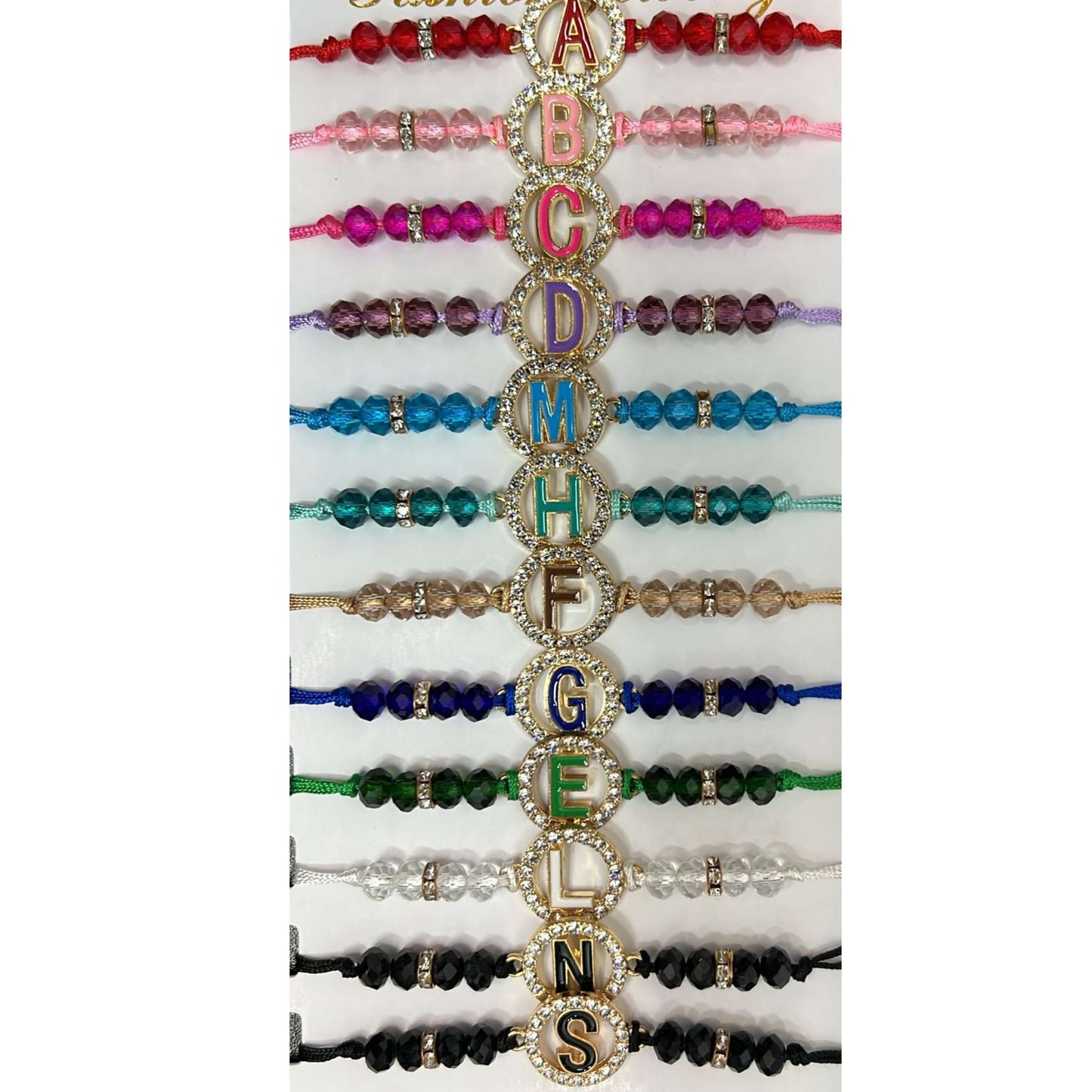 Unisex Beaded Colored Bracelet with Gold Rhinestone Alphabet Letters