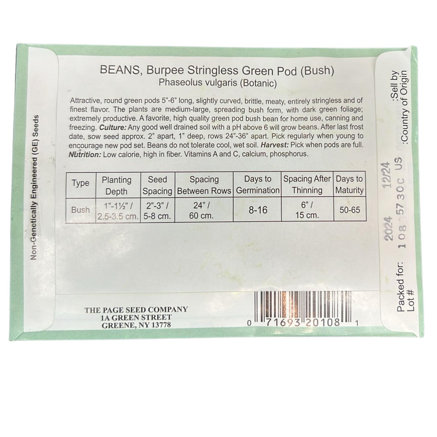 Valley Greene 5G Garden Bean Burpee Stringless Green Pod Seed