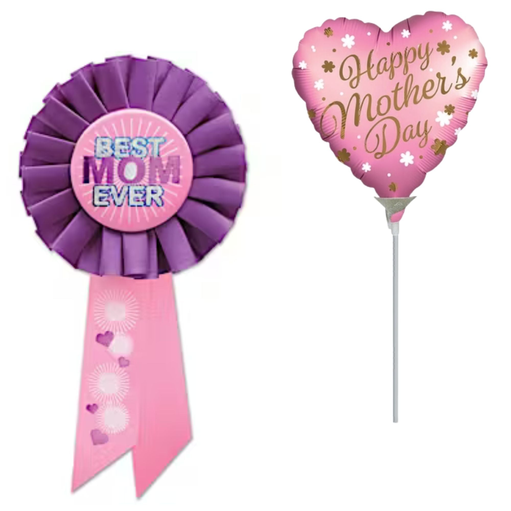 Mother’s Day Award Ribbon Badge and Heart Balloon Gift Decoration on White Background