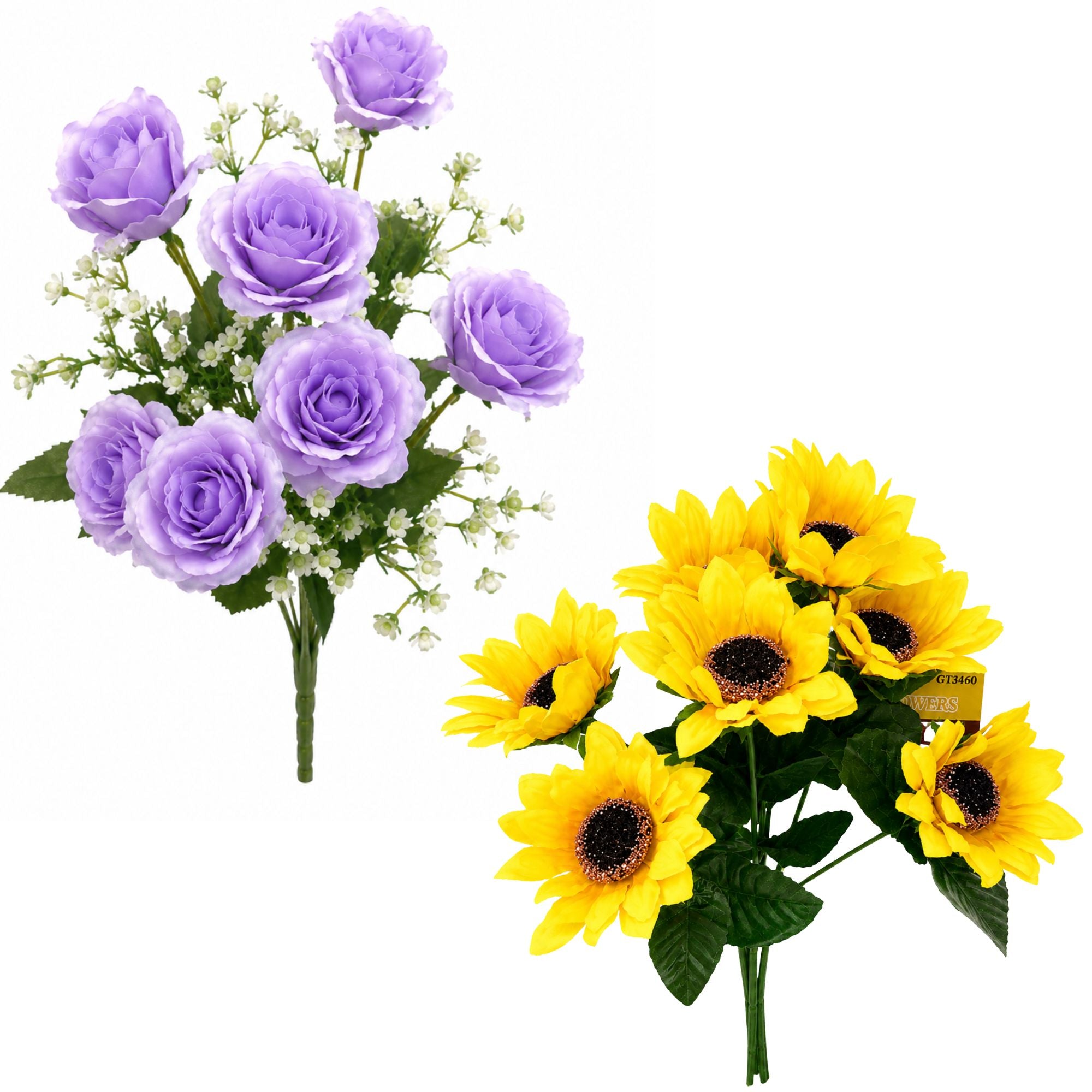 Artificial Flower Bouquet Bundle with Purple Roses & Yellow Sunflowers White Background