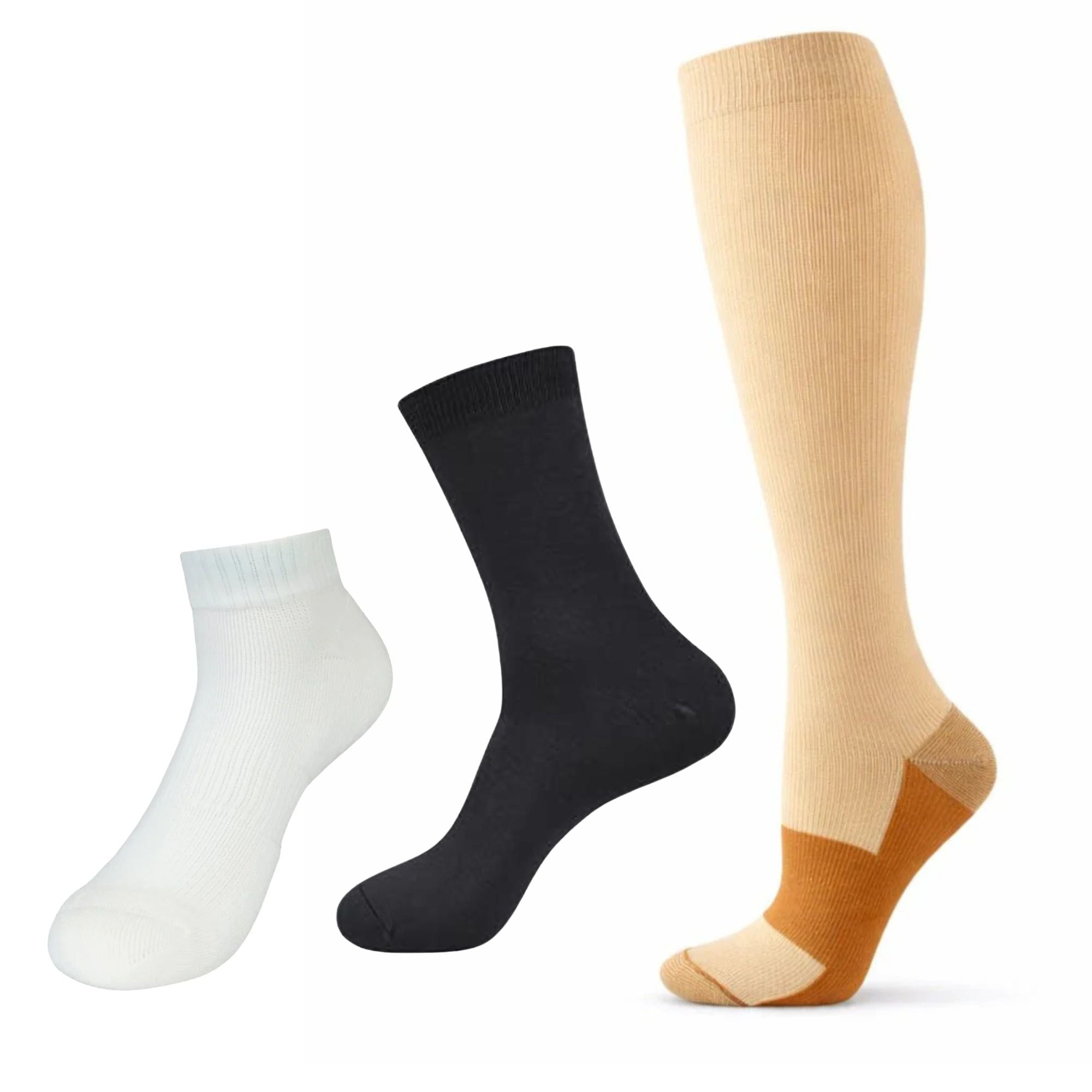 Assorted Ankle, Crew, and Knee High Socks for Men, Women & Kids on White Background