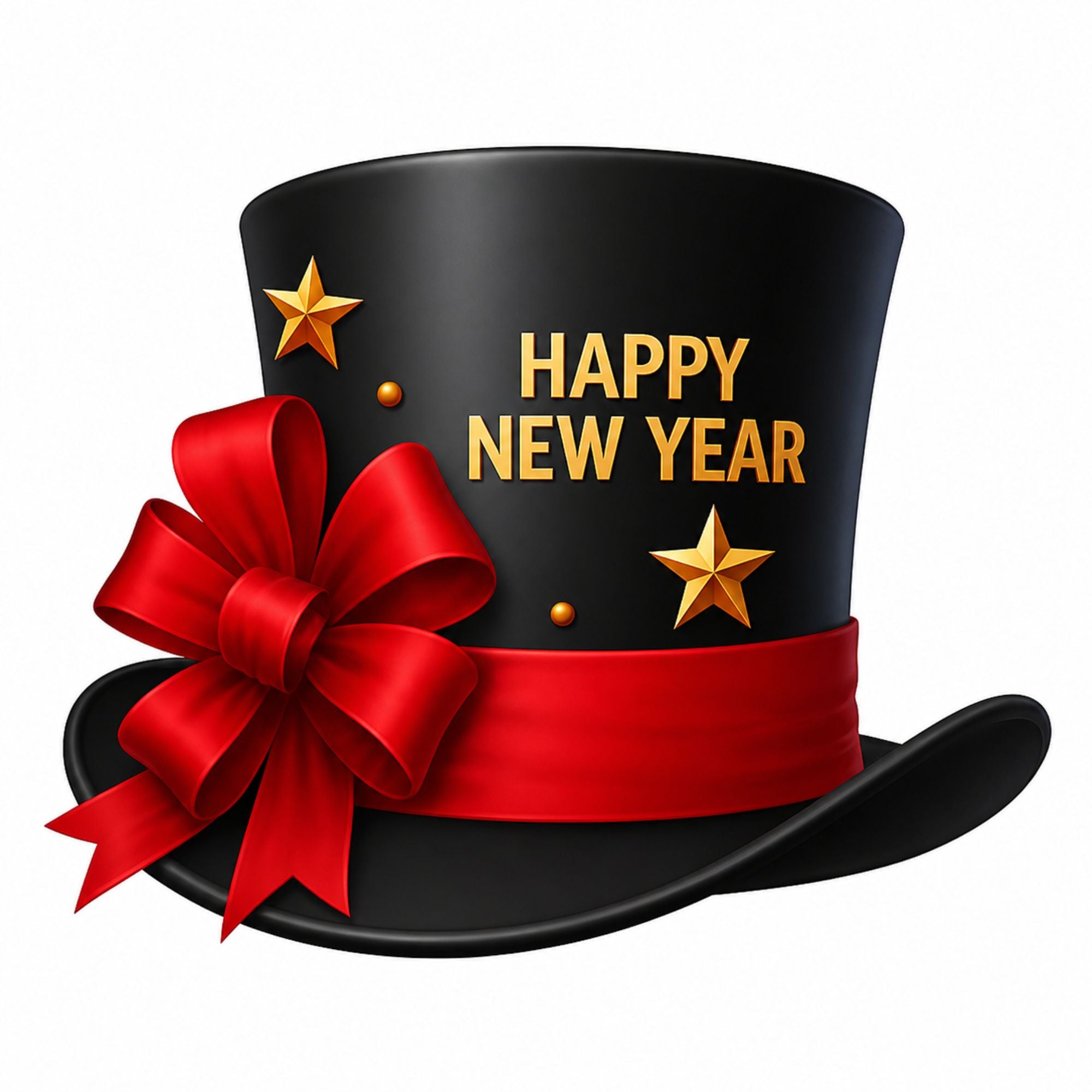 Happy New Year Black Party Hat with Red Ribbon Bow and Gold Stars on White Background