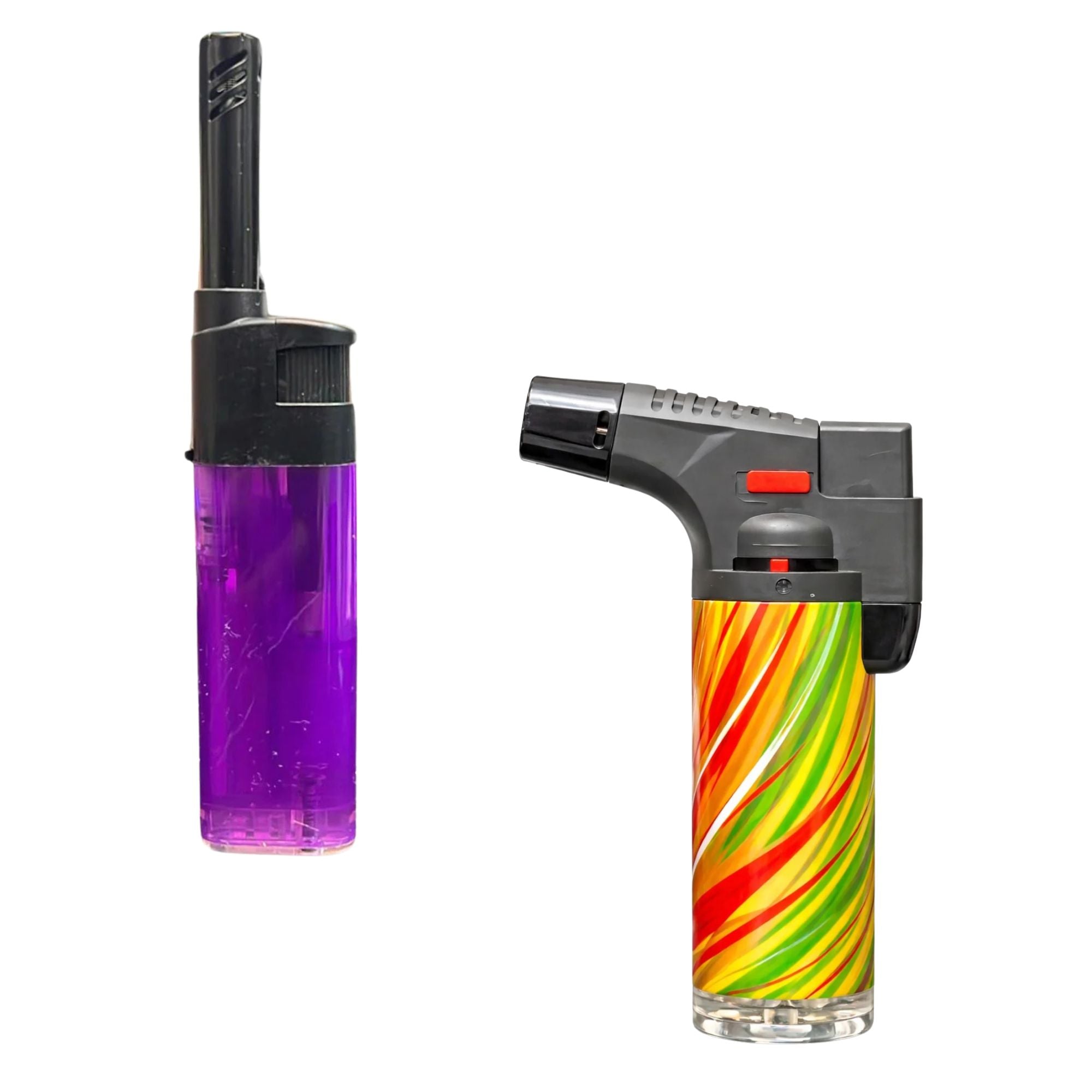 Assorted Utility and Torch Lighters with Refillable Flame Design on White Background