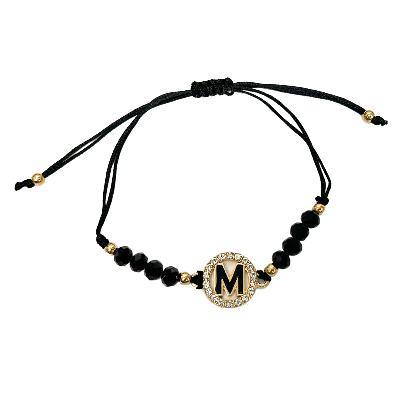 99¢- Beaded Black Bracelet with Gold Rhinestone Alphabet Letters – Unisex Adjustable Jewelry: 1CT