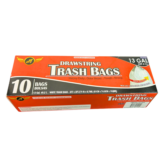 99¢-13 Gal 49.2L White Drawstring Trash Bags with Odor Shield – 10 Bags | Durable, Leak-Resistant