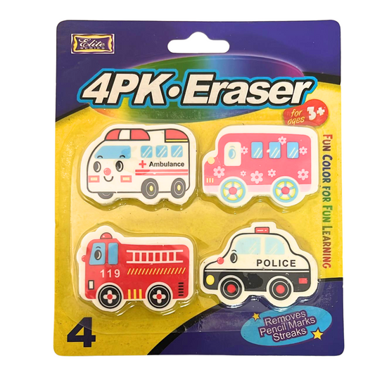 99¢-4 Pk Non-Toxic Erasers Ambulance, School Bus, Police Car & Fire Brigade Shapes