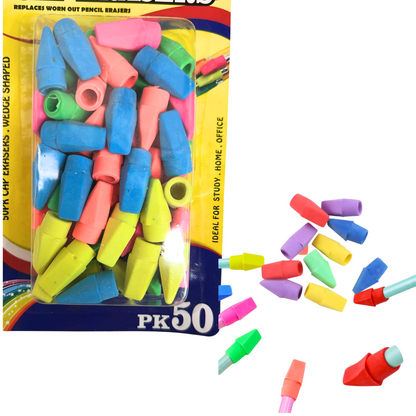 99¢-50 Pcs Cap Erasers – Wedge-Shaped, Assorted Bright Colors – Replaces Worn-Out Pencil Erasers