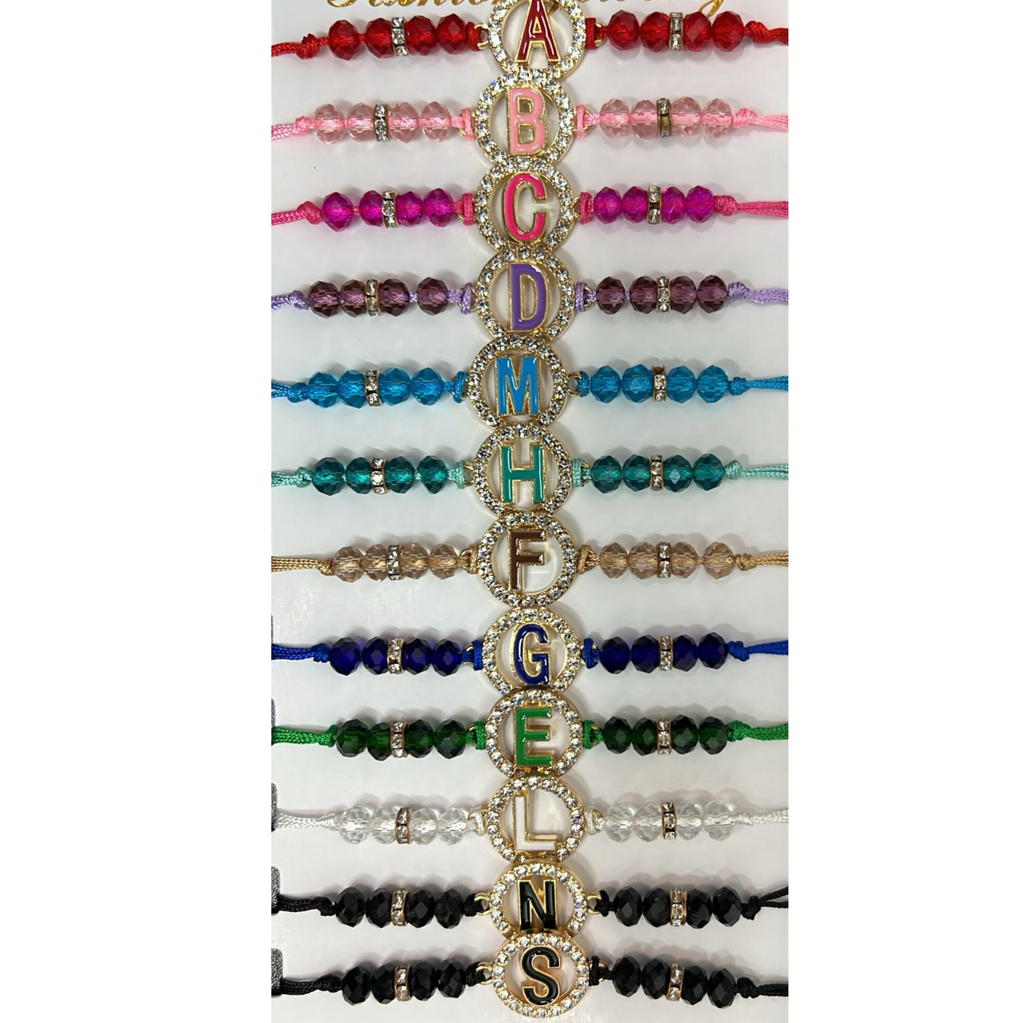 99¢- Beaded Colored Bracelet with Gold Rhinestone Alphabet Letters – Unisex Adjustable Jewelry: 1CT