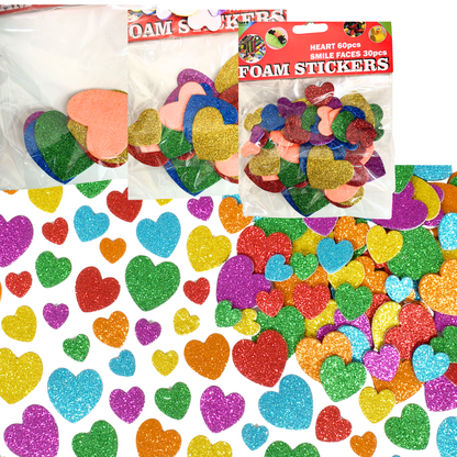 99¢-60 Pcs Glitter Foam Heart Stickers – Multicolor, 3 Sizes – Self-Adhesive for Crafts, Cards, Scrapbooks & DIY Projects