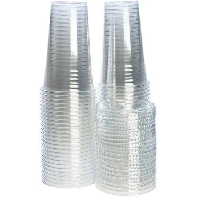 Stacks of clear plastic cups on a white background