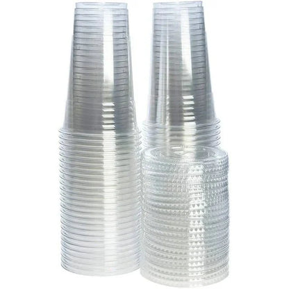 Stacks of clear plastic cups on a white background