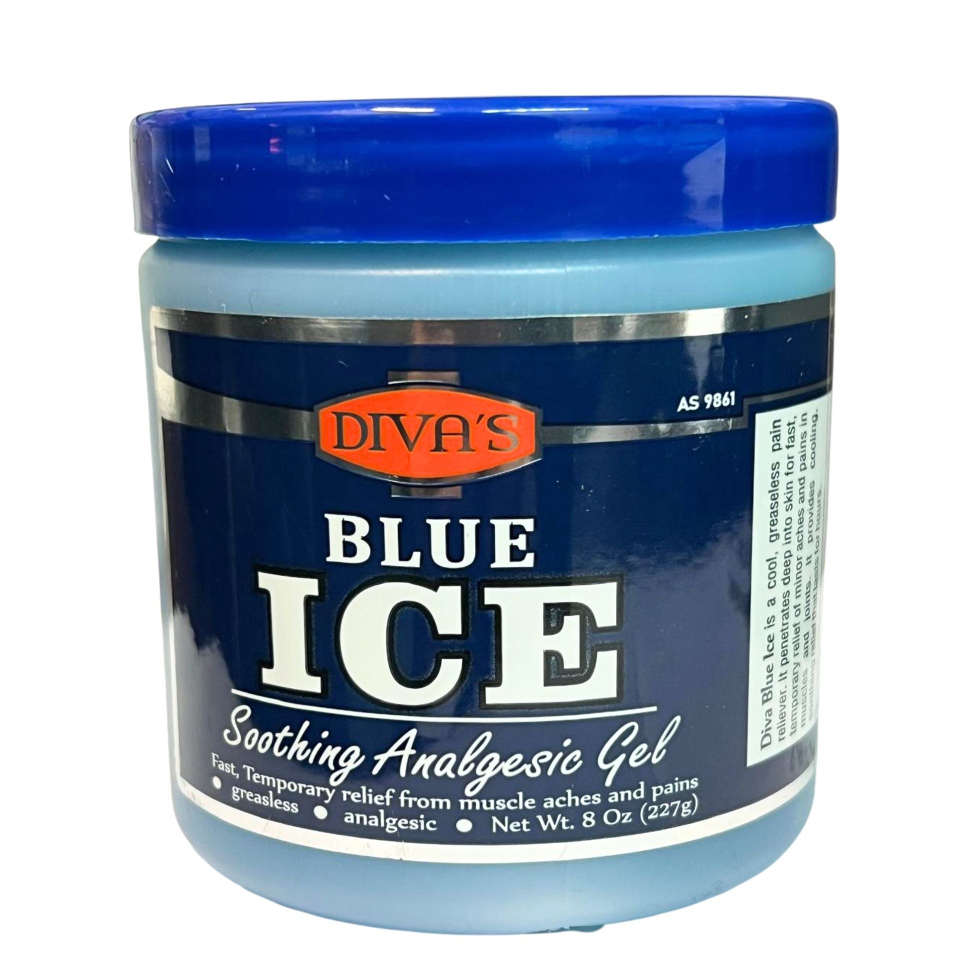 Jar of Diva's Blue Ice Soothing Analgesic Gel with blue lid on a white background