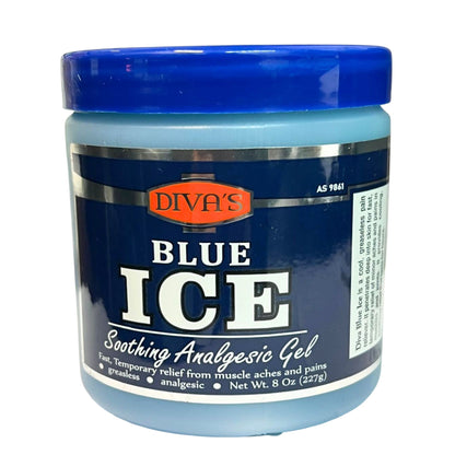 Jar of Diva's Blue Ice Soothing Analgesic Gel with blue lid on a white background