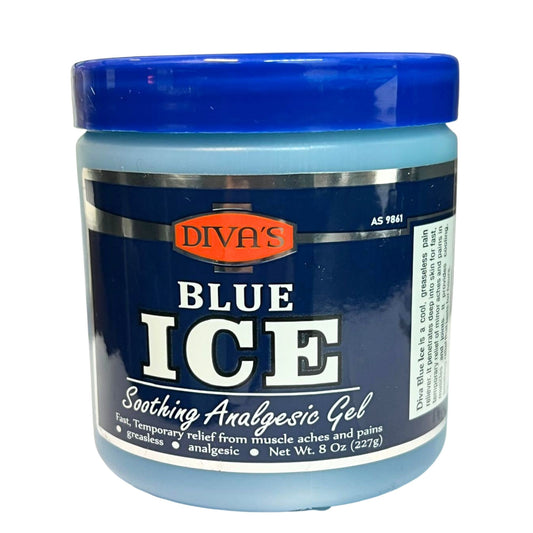 Jar of Diva's Blue Ice Soothing Analgesic Gel with blue lid on a white background