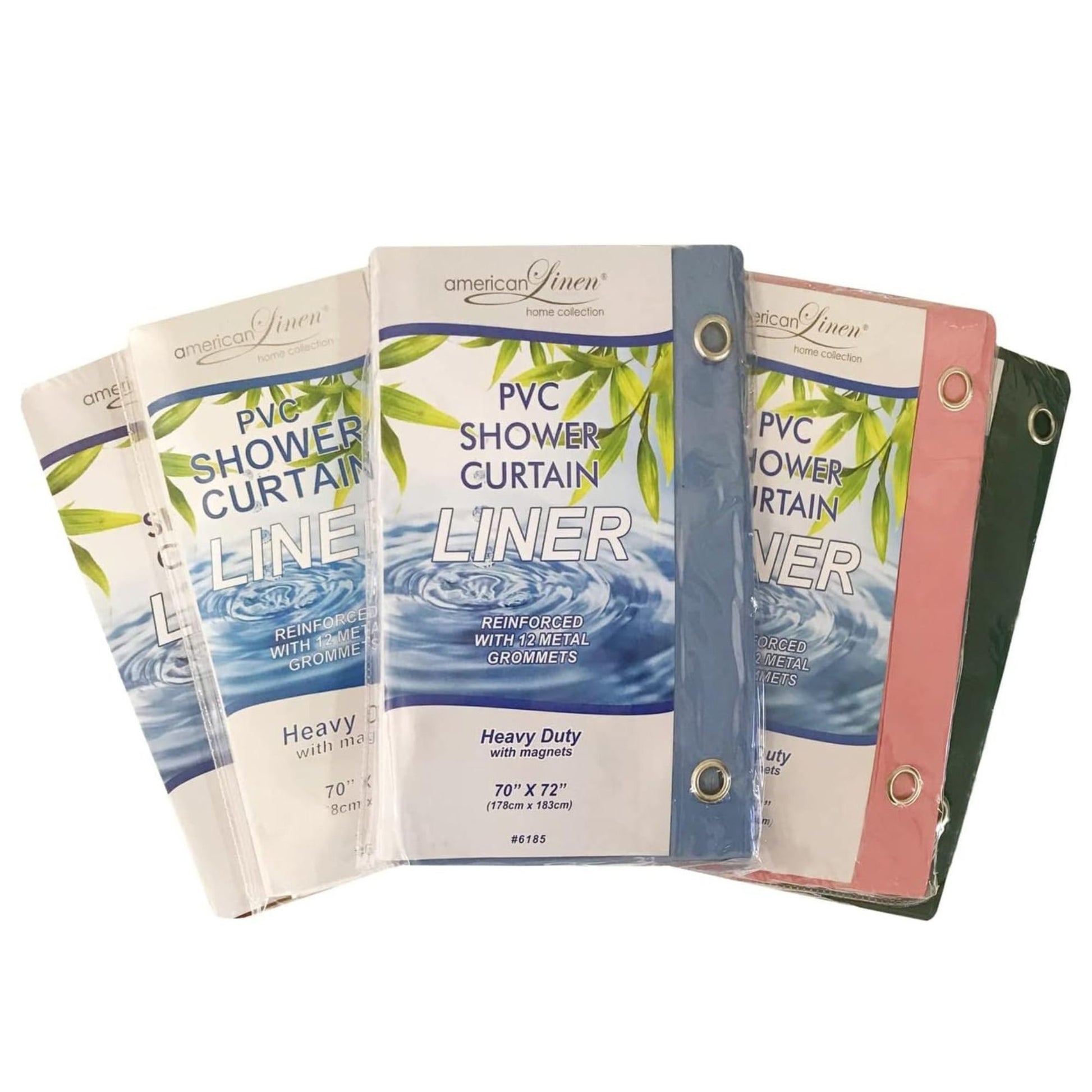 Set of PVC shower curtain liners in various colors on a white background
