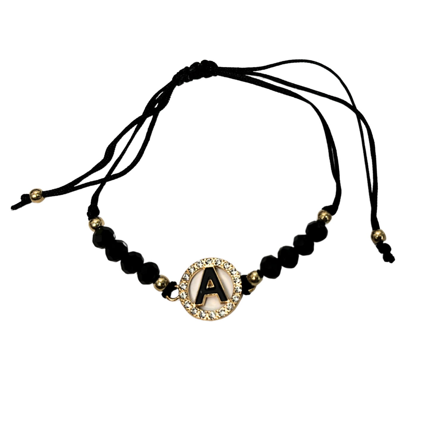 99¢- Beaded Black Bracelet with Gold Rhinestone Alphabet Letters – Unisex Adjustable Jewelry: 1CT