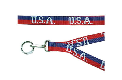 Lanyard with 'U.S.A.' text in red, white, and blue on a white background