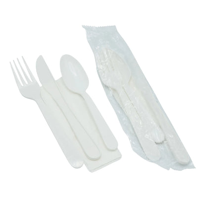 Set of white plastic cutlery including fork, knife, and spoon on a white background.